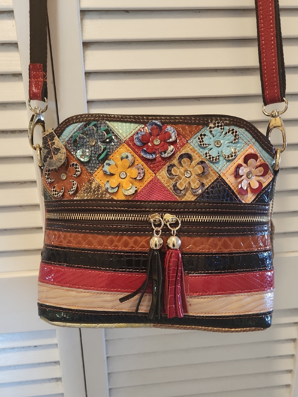 Multicolor Floral Patchwork Crossbody Bag with Tassel Accents